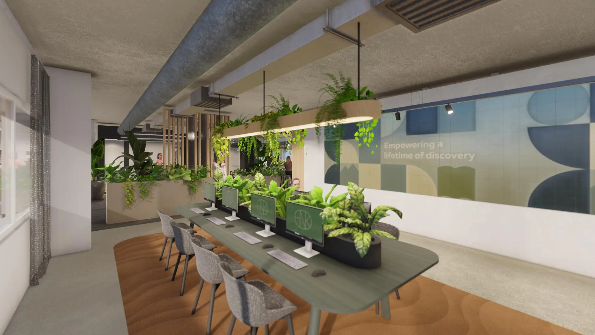 Moderne kantoorruimte aan de Marten Meesweg met gedeelde werkplekken, veel planten en een inspirerende muurquote.